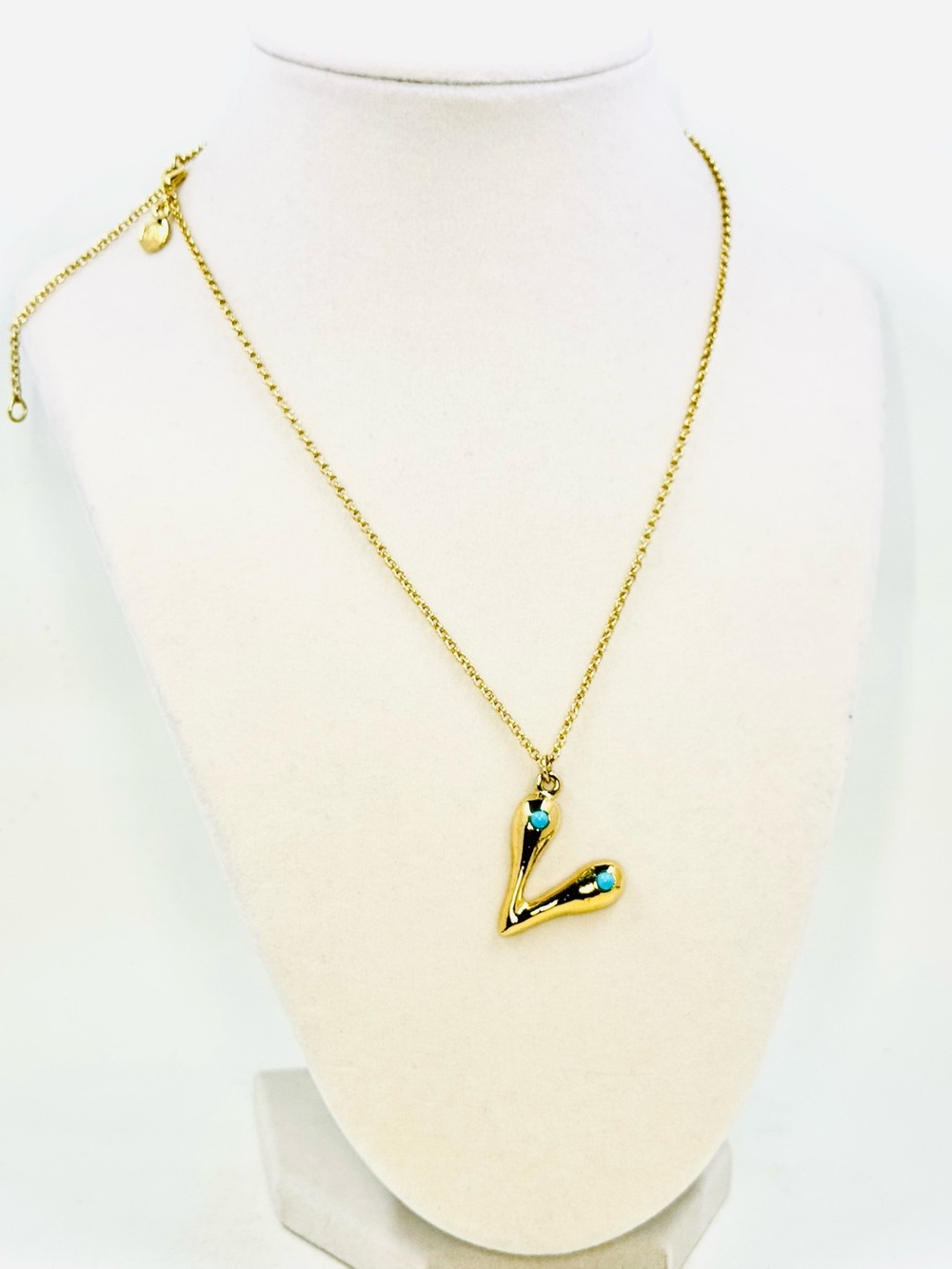 Mayamar 18k Gold Plated Bubble 'V' Initial Necklace W/Turquoise Stones 18” NWT